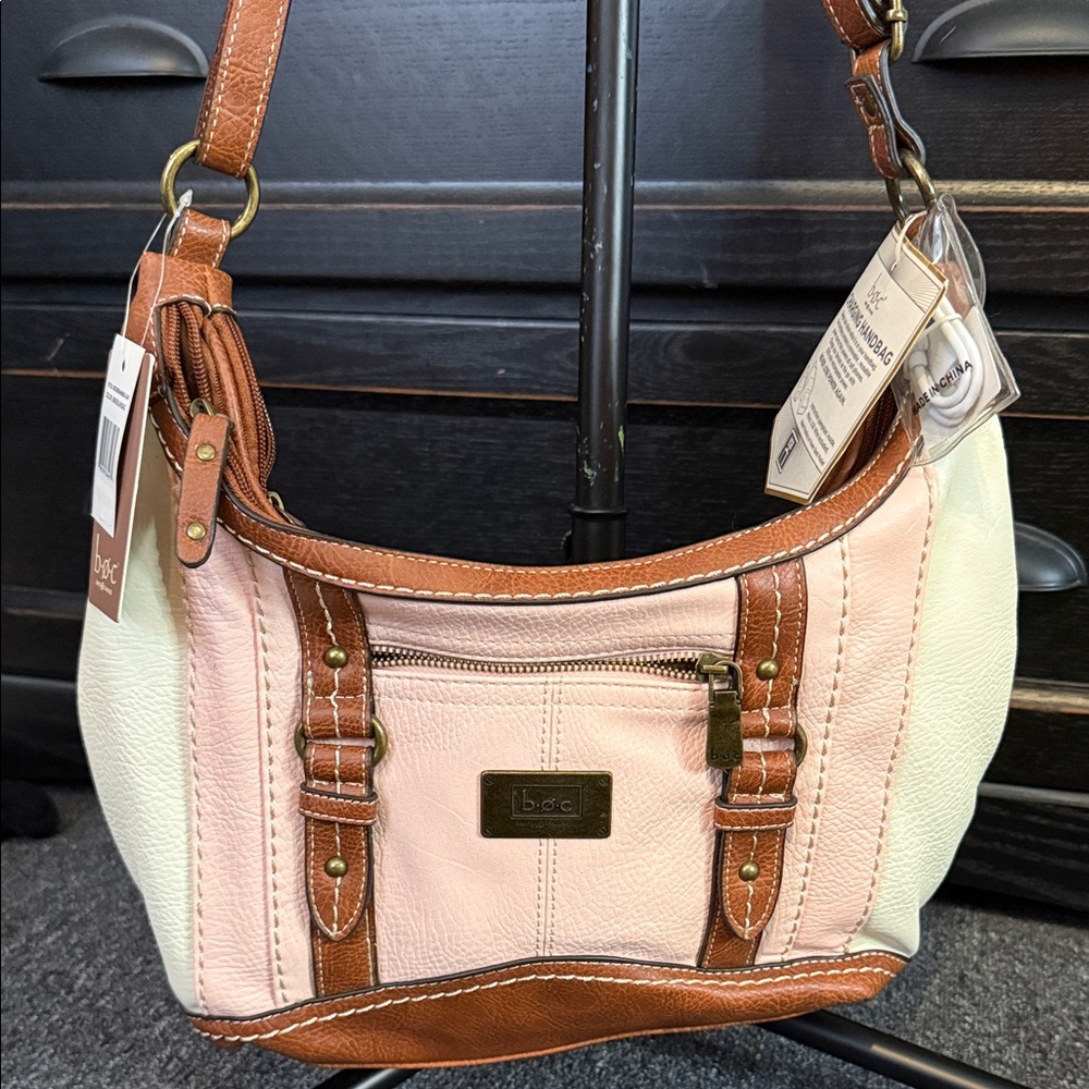 b.o.c. Pink and Cream Shoulder Bag with Brown Accents